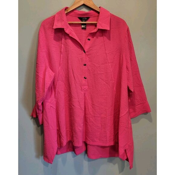 Ali Miles Pink Guazy 3/4 Sleeve 1/2 Button Oversized Tunic Top Sz 2X - Picture 1 of 7